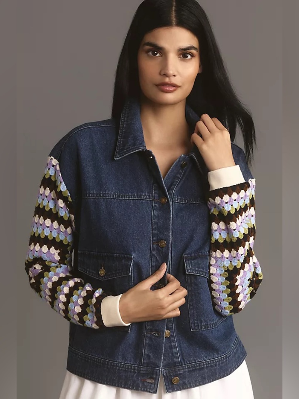 Anthropologie Crochet-Sleeve Denim Jacket